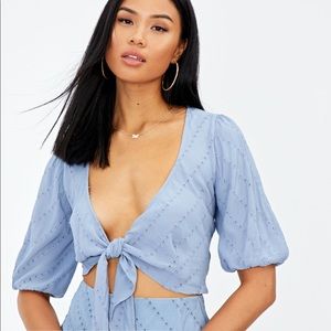 Glassons Blue Broderie Tie Front Top